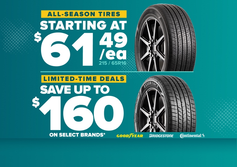 Tire sale advertisement showing all-season tires starting at $61.49 each with savings up to $160 on select brands on teal background