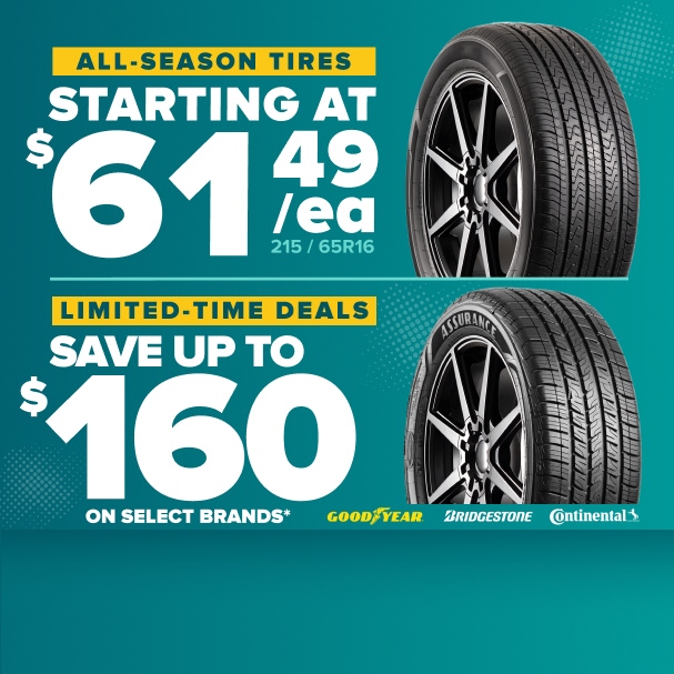 Tire sale advertisement showing all-season tires starting at $61.49 each and limited-time deals saving up to $160 on select brands.