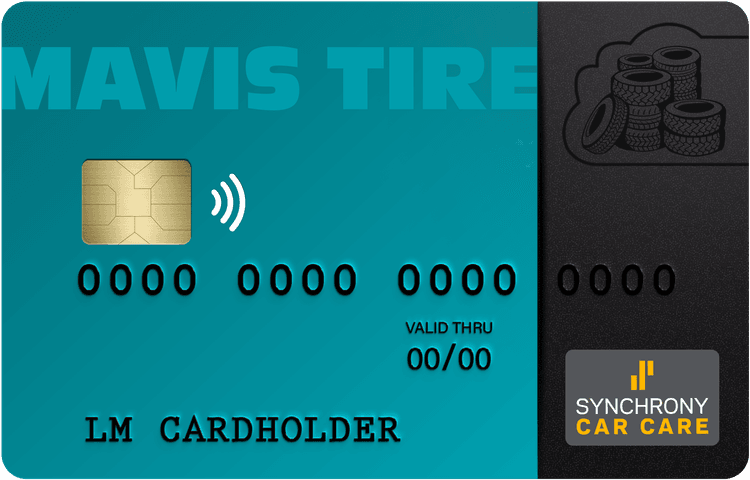 Teal Mavis Tire credit card with contactless payment chip next to black Synchrony Car Care card with tire icon.