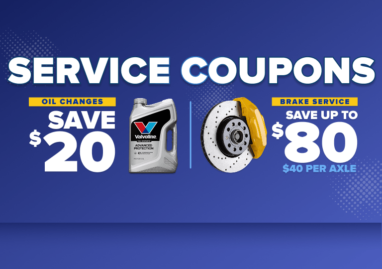 Service coupons banner showing oil change savings of $20 and brake service savings up to $80 on blue background