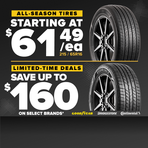 Tire sale advertisement showing all-season tires starting at $61.49 each and limited-time deals saving up to $160 on select brands.