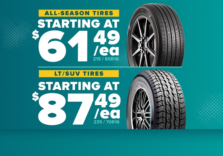 Tire sale advertisement showing all-season tires starting at $61.49 and LT/SUV tires starting at $87.49 on teal background