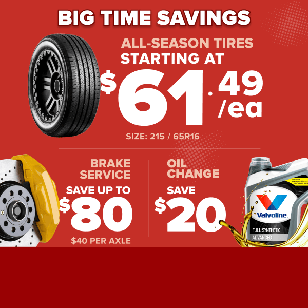 Red promotional banner advertising tire sale starting at $61.49, brake service savings up to $80, and oil change savings of $20.