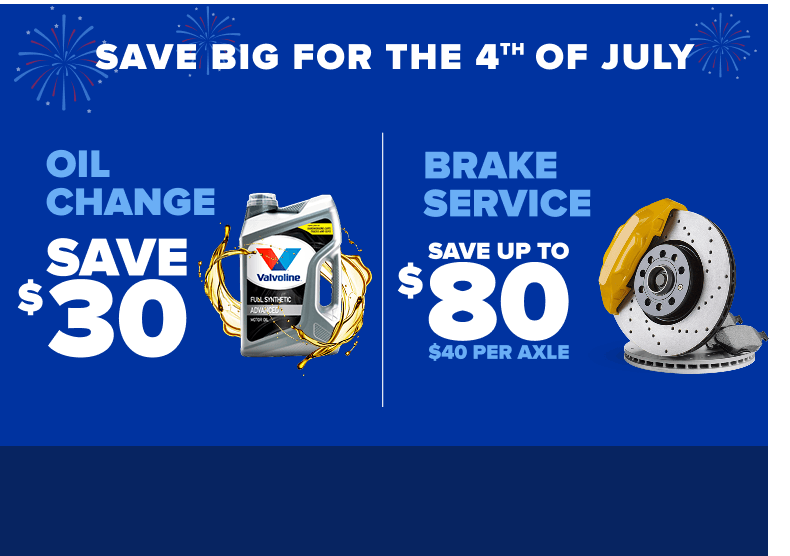 4th of July service coupons banner on blue background showing oil change savings of $30 and brake service savings up to $80 per axle.
