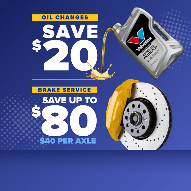 Blue promotional banner showing oil changes save $20 with Valvoline jug and brake service save up to $80 with yellow brake disc