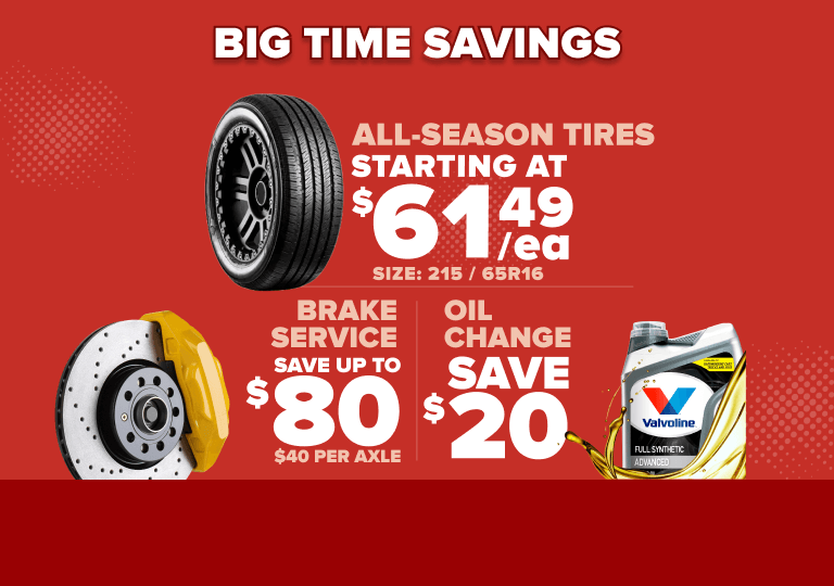 Red promotional banner advertising tire sale starting at $61.49, brake service savings up to $80, and oil change savings of $20.