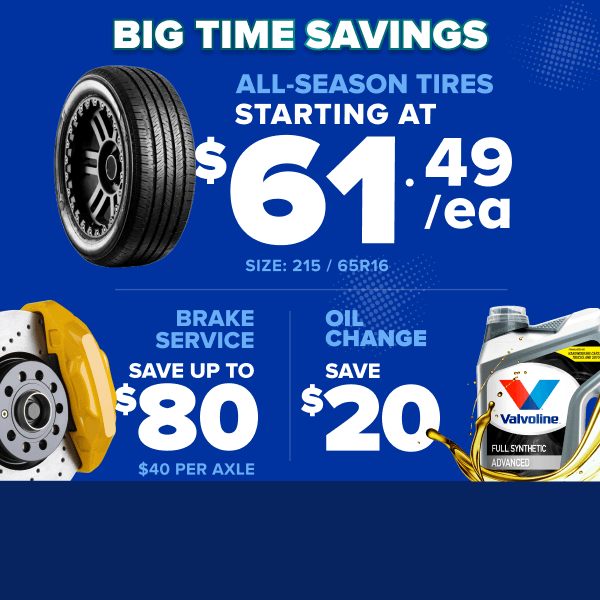 Blue promotional banner advertising tire sale starting at $61.49, brake service savings up to $80, and $20 off oil changes.