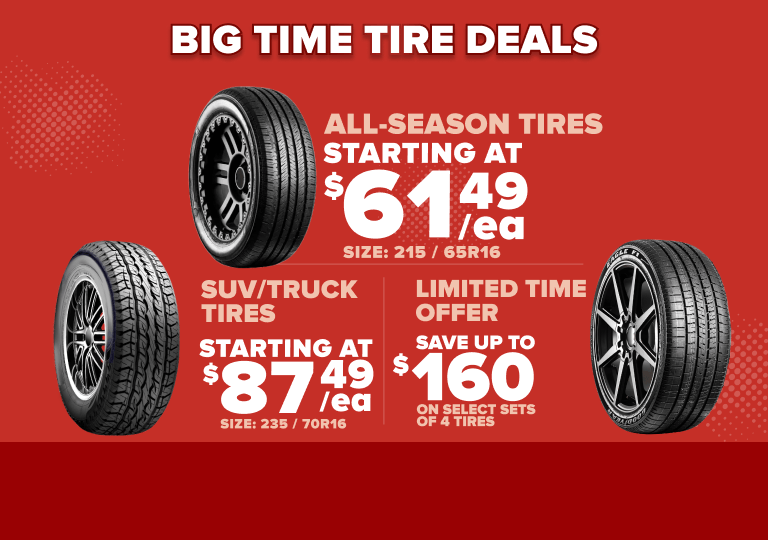 Tire sale advertisement showing all-season tires starting at $61.49 each, SUV/truck tires starting at $87.49 each, and a limited time offer to save up to $160 on select brands on a red background