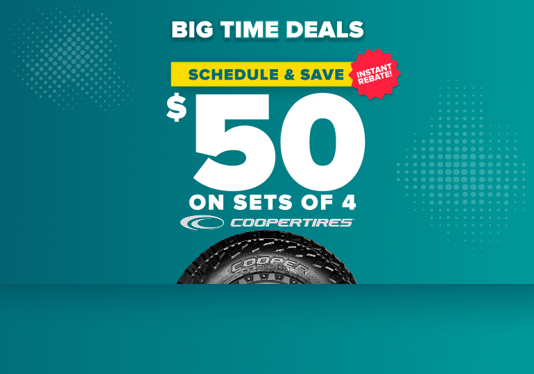 Teal promotional banner advertising $50 savings on sets of 4 Cooper tires.