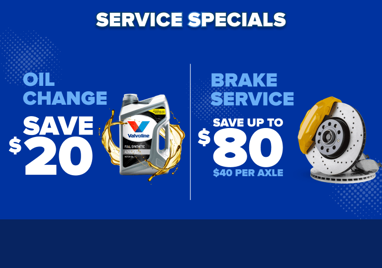 Service specials banner showing oil change savings of $20 with Valvoline bottle and brake service savings up to $80 on blue background