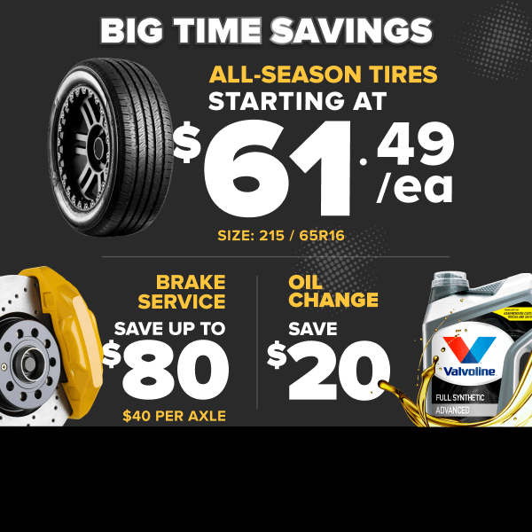 Automotive service promotion showing tire, brake, and oil change deals with prices: tires at $61.49, brake service save $80, oil change save $20.