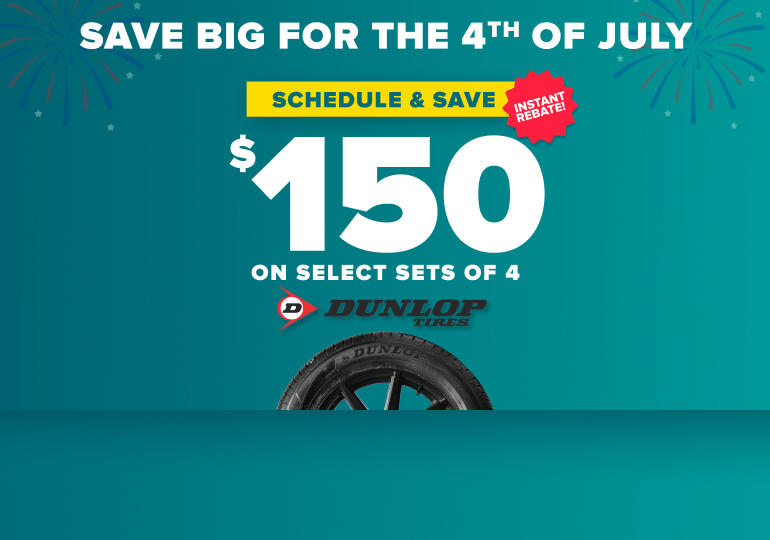 Fourth of July tire sale promotion offering $150 instant rebate on select sets of 4 Dunlop tires with teal background and fireworks