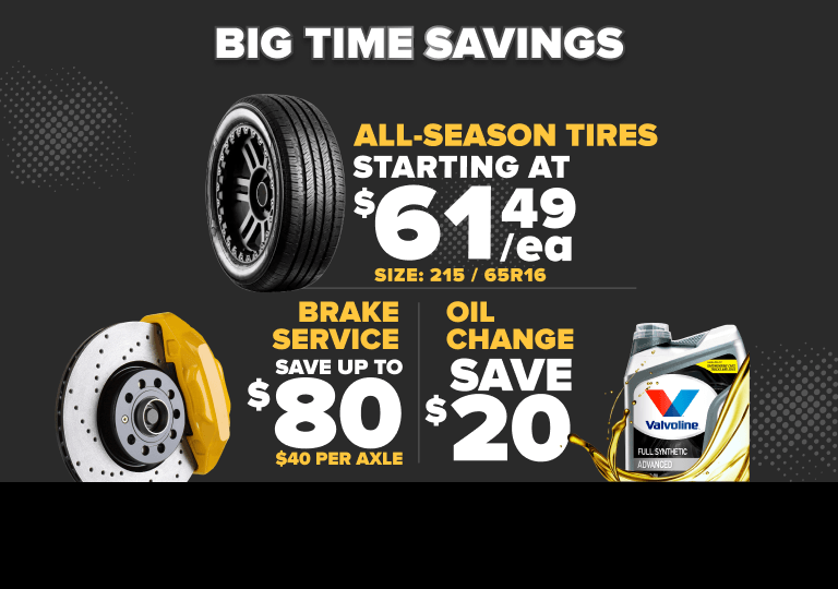 Automotive service promotion showing all-season tires, brake service, and oil change deals with pricing on dark background.