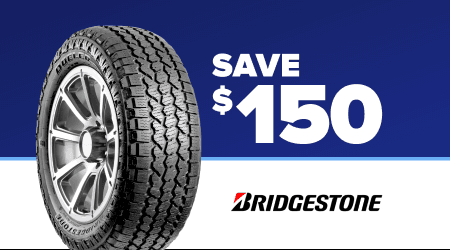 Bridgestone tire on blue and white background with text "SAVE $150" and Bridgestone logo