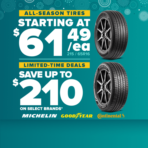Tire sale advertisement showing all-season tires starting at $61.49 each with savings up to $210 on Michelin, Goodyear, and Continental brands.