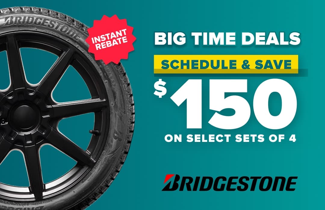 Bridgestone tire promotion offering $150 instant rebate on select sets of 4 tires with teal background and black wheel.