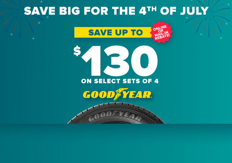 Goodyear 4th of July sale banner advertising up to $130 savings on select sets of 4 tires with confetti on teal background