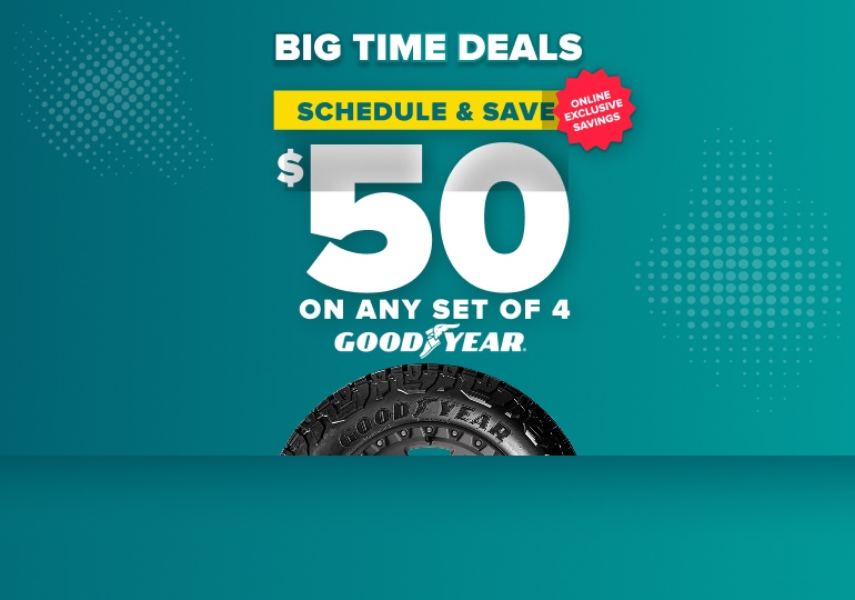 Teal promotional banner advertising $50 off any set of 4 Goodyear tires with online exclusive savings badge and tire image.