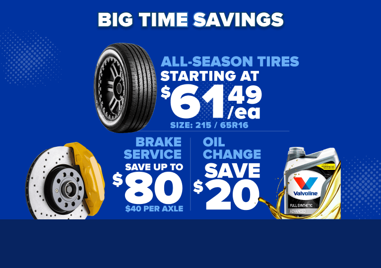 Blue promotional banner advertising tire sale starting at $61.49, brake service savings up to $80, and $20 oil change savings.