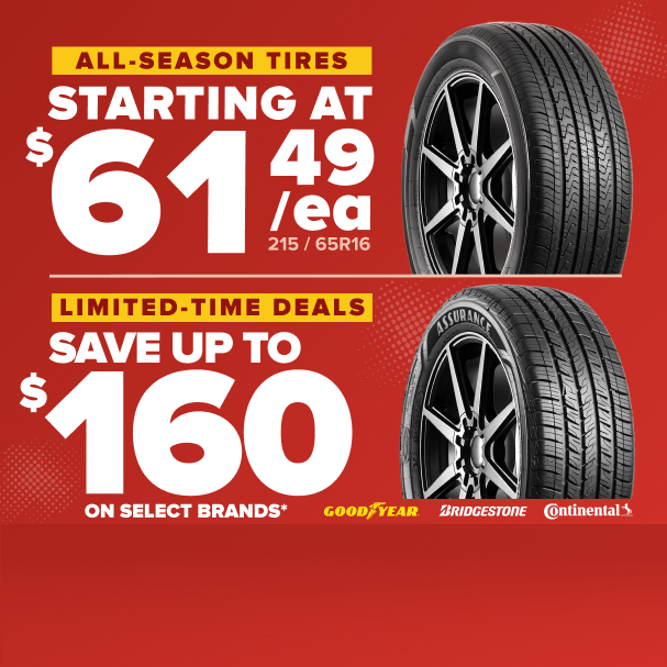 Red promotional banner advertising all-season tires starting at $61.49 each and limited-time deals saving up to $160 on select brands.