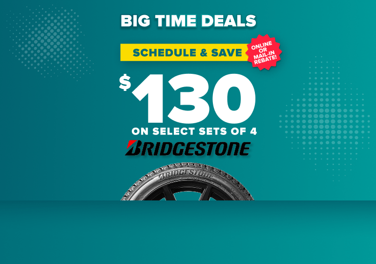 Teal promotional banner advertising $130 savings on select sets of 4 Bridgestone tires.