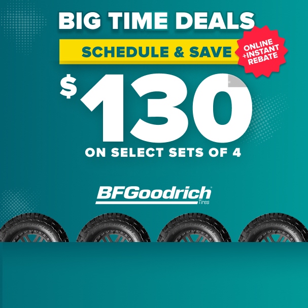 BFGoodrich tire promotion offering $130 instant rebate on select sets of 4 tires with teal background and tire images