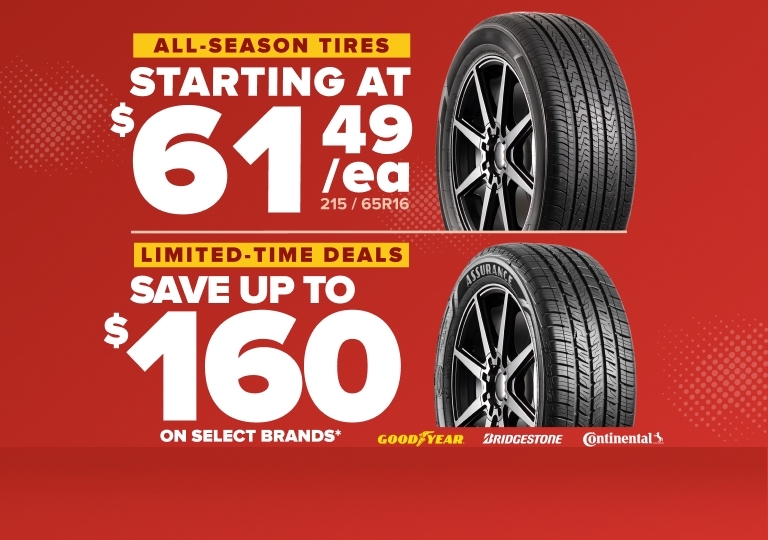 All-season tires starting at $61.49 each with limited-time deals saving up to $160 on select brands including Goodyear.