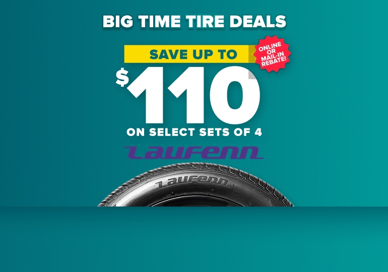 Big Time Tire Deals promotional banner advertising save up to $110 on select sets of 4 Laufen tires with online rebate