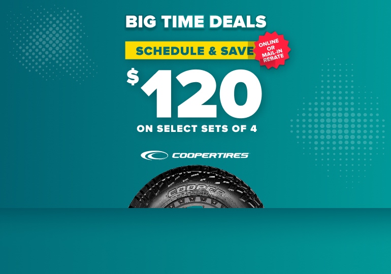 Promotional banner for Cooper Tires showing $120 savings on select sets of 4 tires with online or mail-in rebate on teal background.
