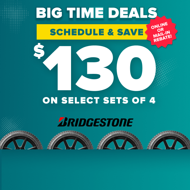 Teal promotional banner advertising $130 savings on select sets of 4 Bridgestone tires.