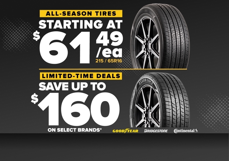 Tire sale advertisement showing all-season tires starting at $61.49 each with savings up to $160 on select brands.