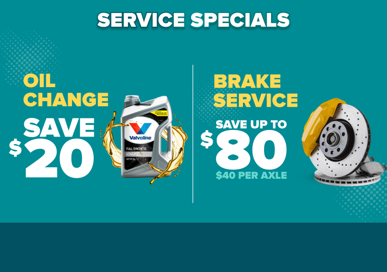 Service specials banner showing oil change savings of $20 and brake service savings up to $80 on teal background