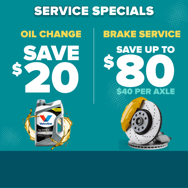 Service specials banner showing oil change savings of $20 with Valvoline bottle and brake service savings up to $80 with rotors