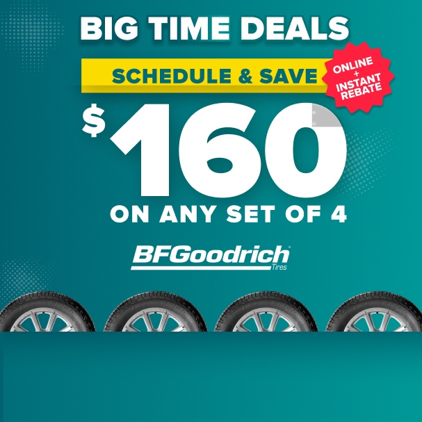 BFGoodrich tire promotion offering $160 savings on any set of 4 tires with online scheduling and instant rebate on teal background