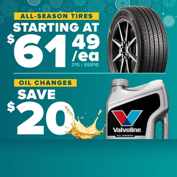 Automotive promotion showing all-season tires starting at $61.49 each and oil changes saving $20 with Valvoline product on teal background