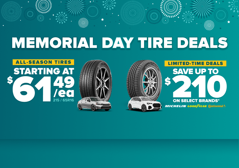 Memorial Day tire sale banner with teal background showing all-season tires starting at $61.49 and savings up to $210.