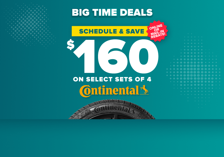 Promotional banner: Schedule and save $160 on select sets of 4 Continental tires, online or mail-in rebate, with a Continental tire on a teal background
