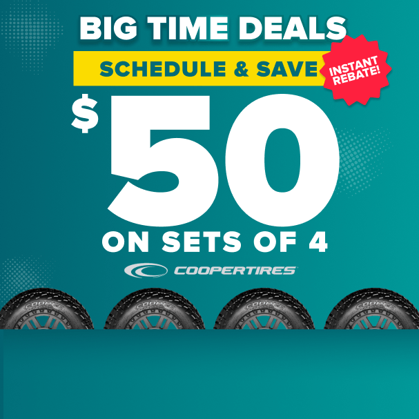 Teal promotional banner advertising $50 savings on sets of 4 Cooper tires.