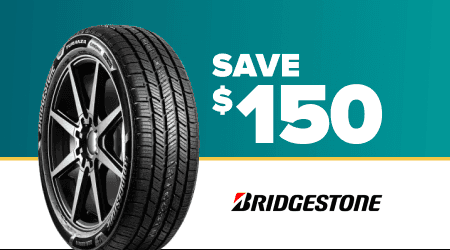 Bridgestone tire on teal and white background with text "SAVE $150" and Bridgestone logo
