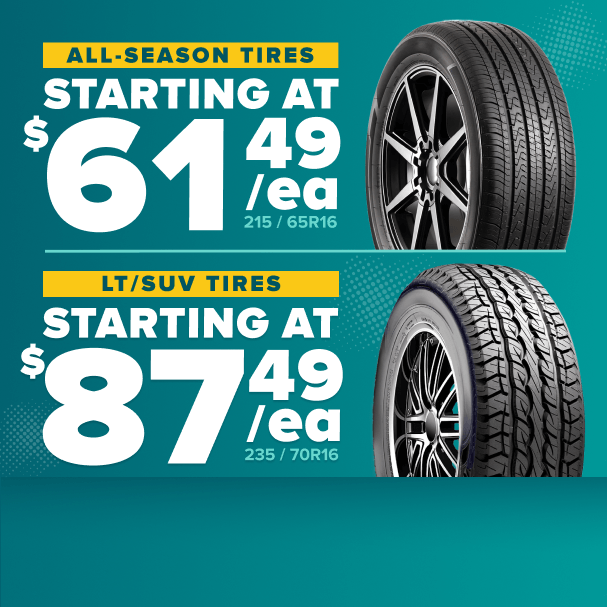 Tire sale advertisement showing all-season tires starting at $61.49 and LT/SUV tires starting at $87.49 on teal background