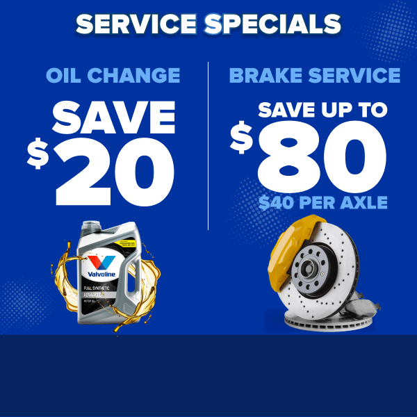 Service specials banner showing oil change savings of $20 and brake service savings up to $80 per axle on blue background